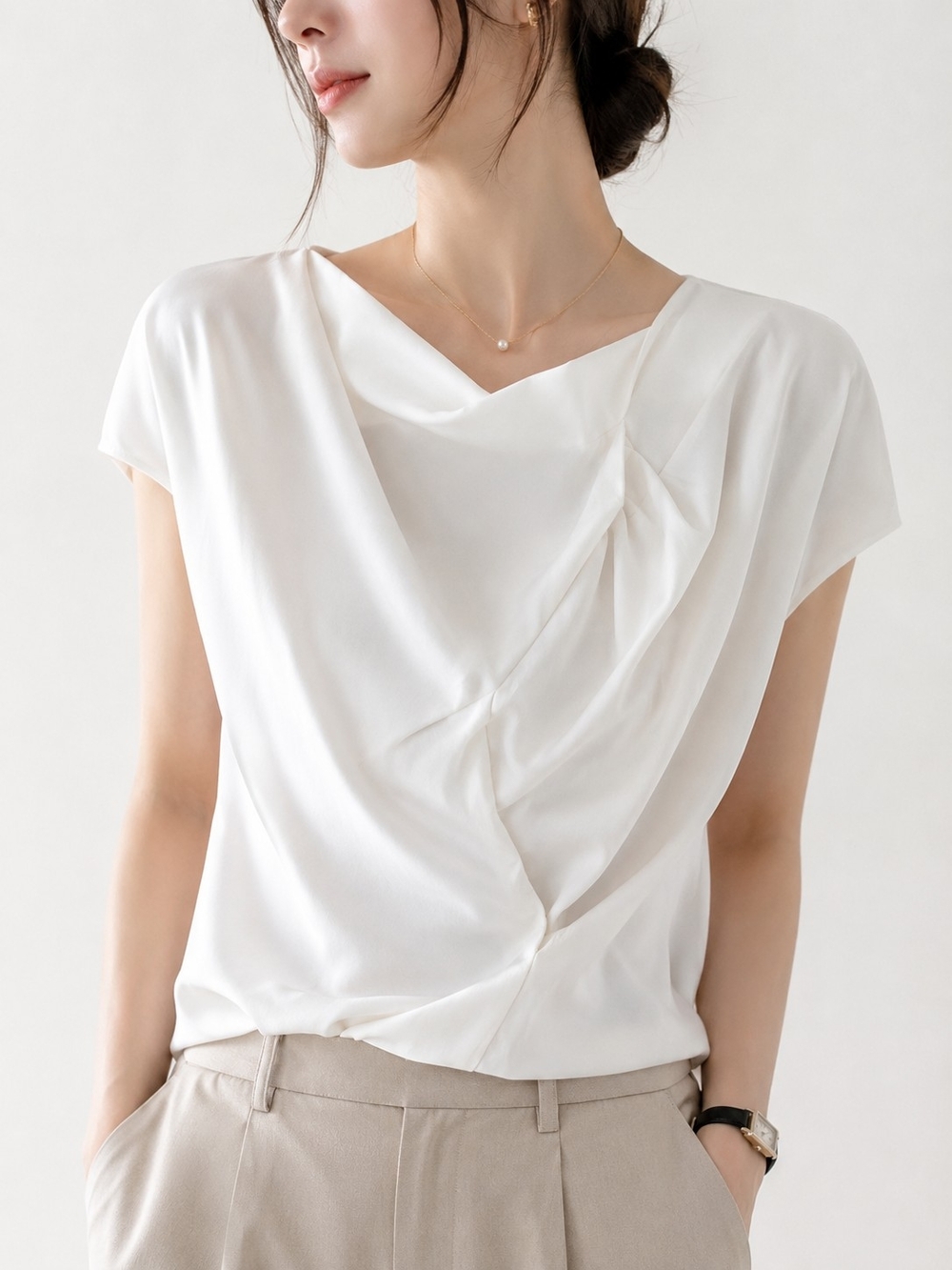 Zara White Draped V-Neck Blouse